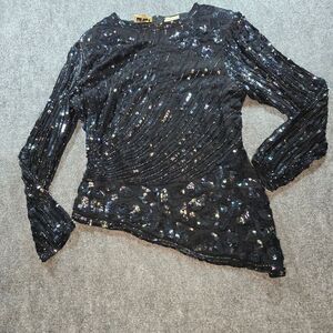 Vintage Scala Silk Sequin Blouse Womens L Black Beaded Party Evening Top